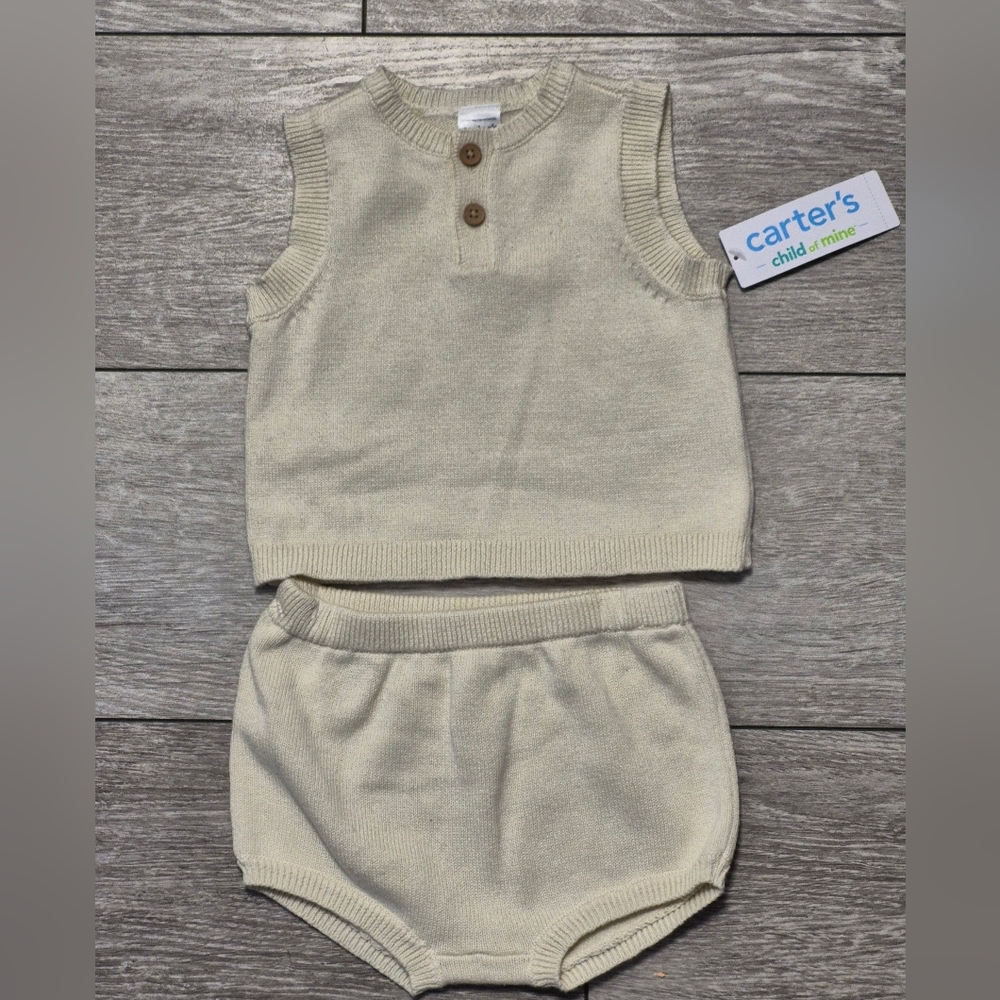 New Carter's Baby Infant 100% Cotton Beige Knit Diaper Cover And Top Outfit Set